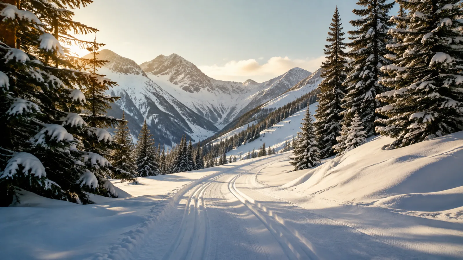 Langlaufspuren in einem verschneiten Alpental