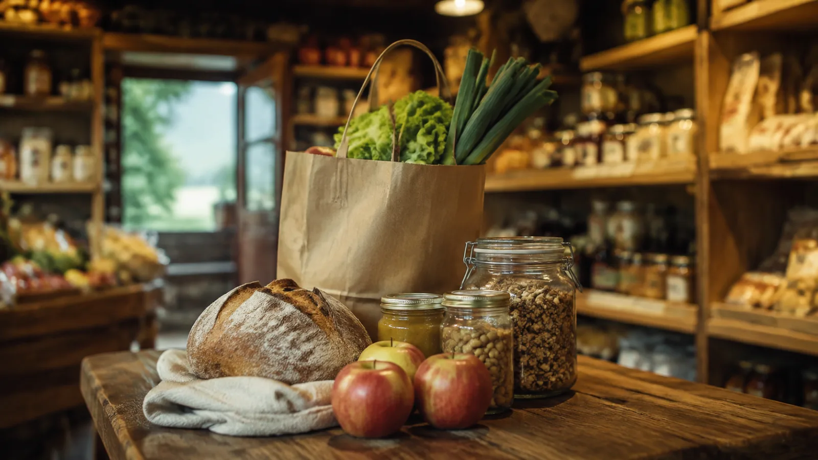Brot, Äpfel und Einkaufstasche auf einem Ladentisch