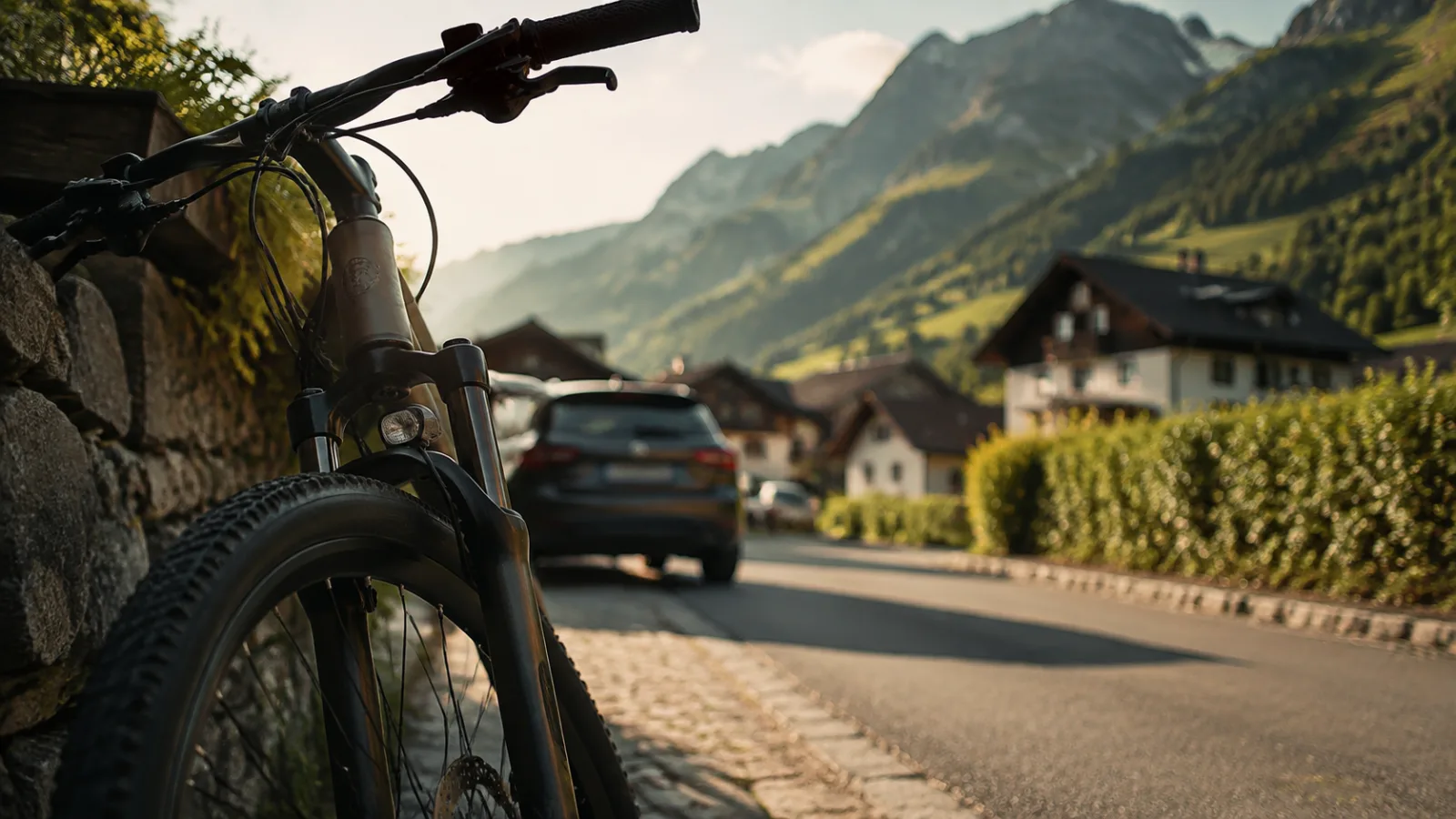 Fahrrad neben einer Straße in alpiner Umgebung