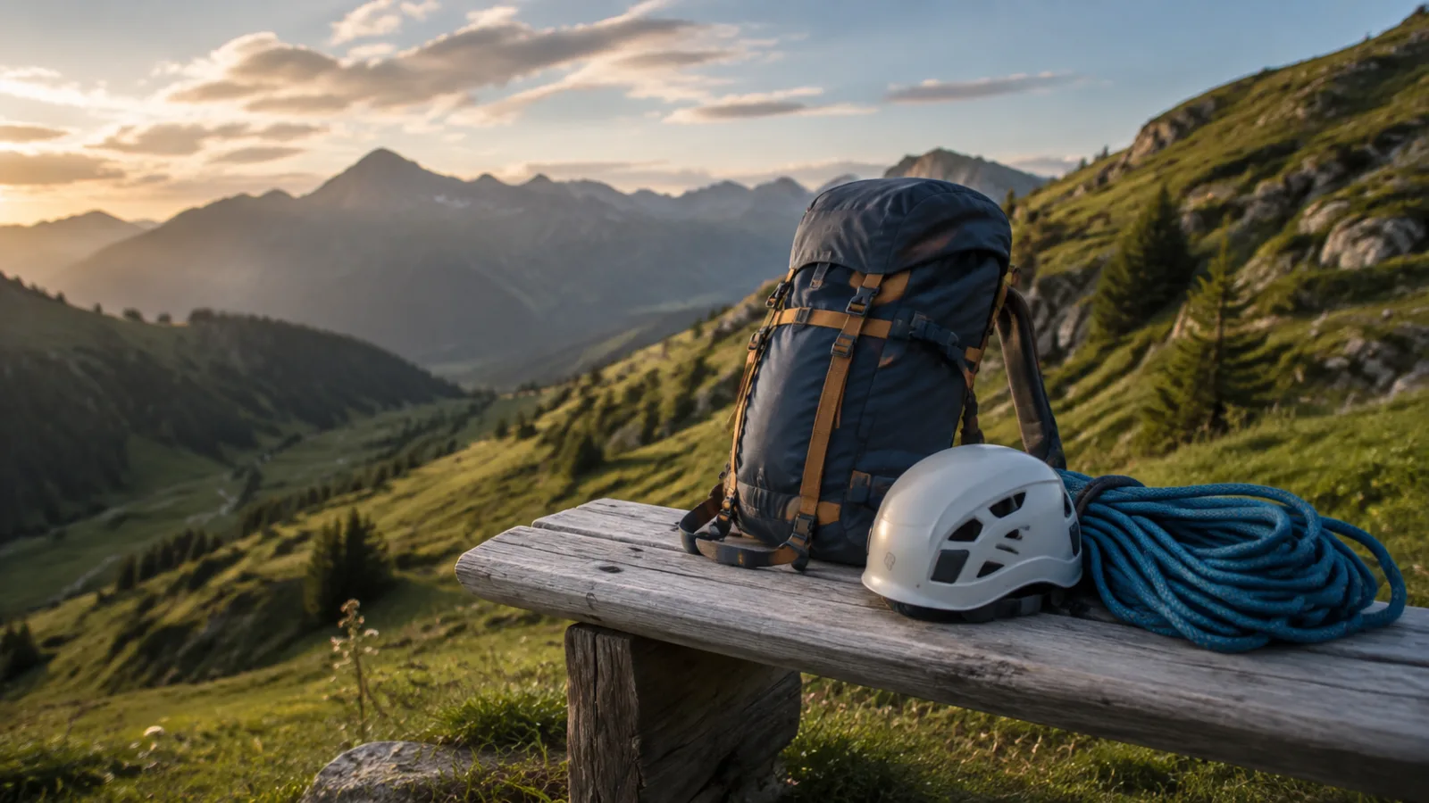Rucksack, Kletterhelm und Seil auf einer Holzbank