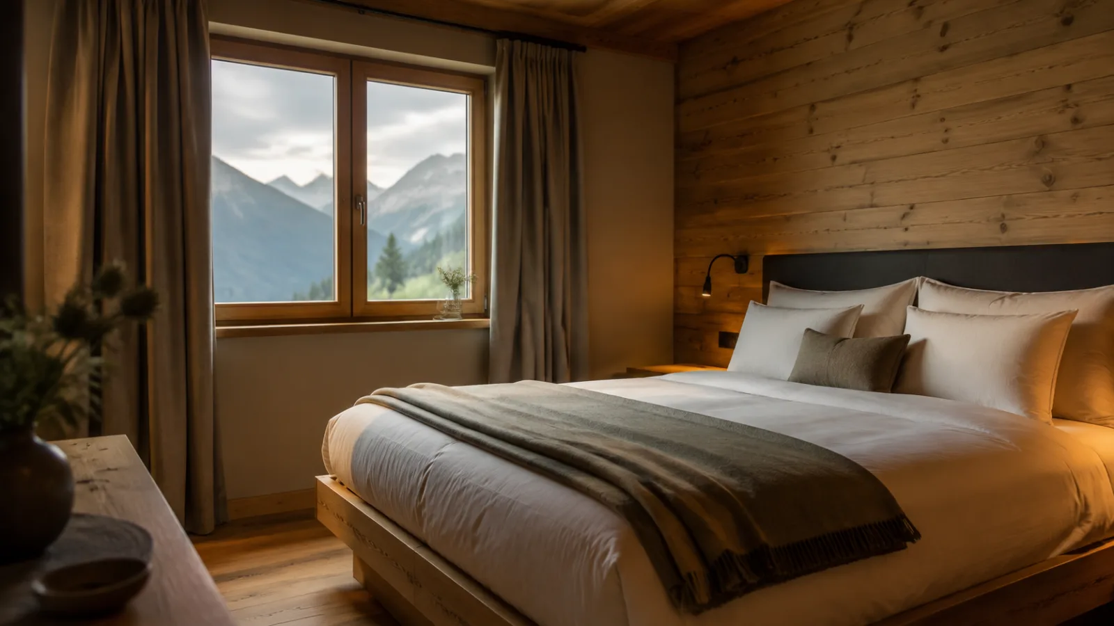 Gemütliches Zimmer mit Holzwänden und Bergblick