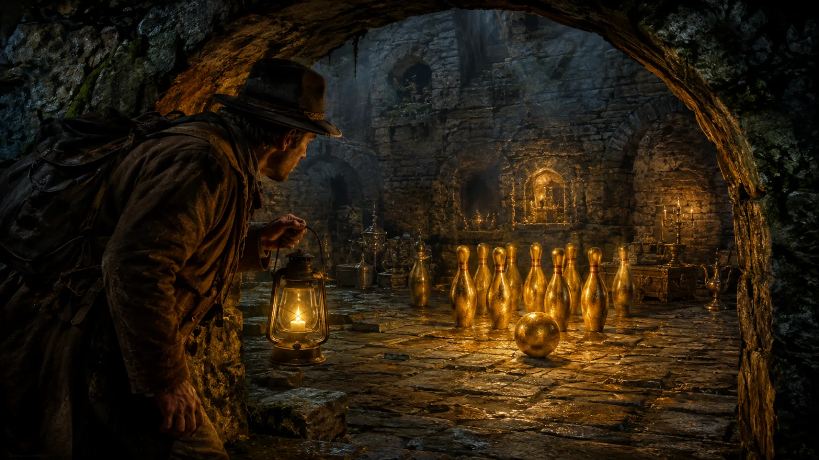 Ein goldenes Kegelspiel leuchtet in einem Gewölbe unter einer Burgruine.
