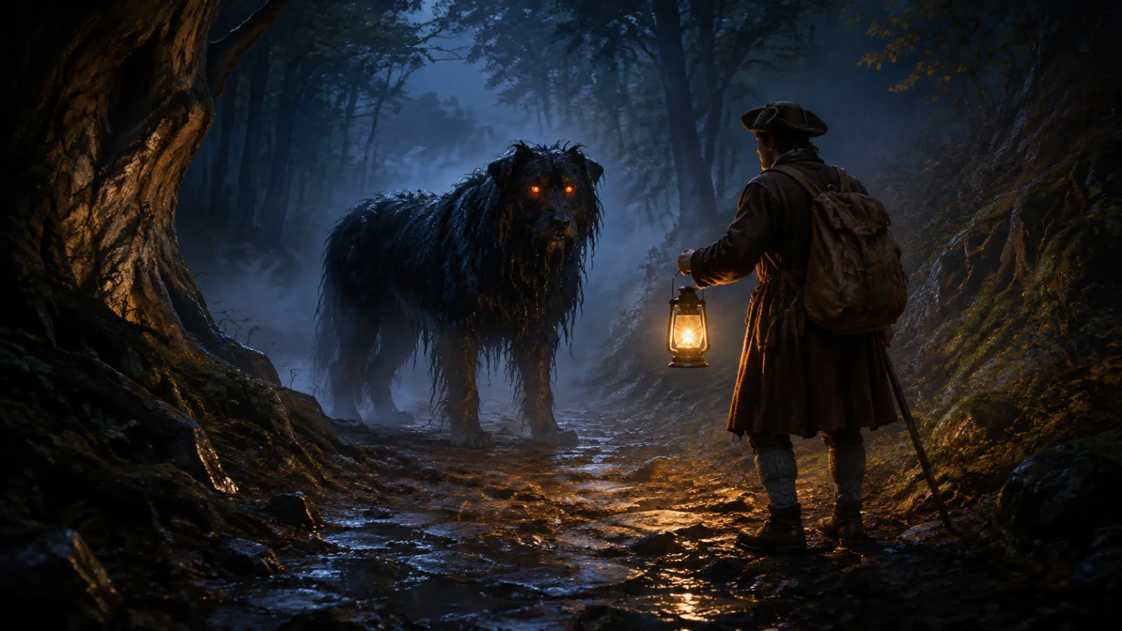 Ein großer schwarzer Hund mit glühenden Augen versperrt einem Wanderer den Waldweg.
