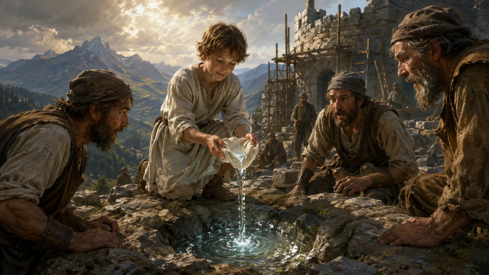 Ein Junge gießt Wasser aus einem Tuch in eine Felsmulde vor staunenden Bauleuten.