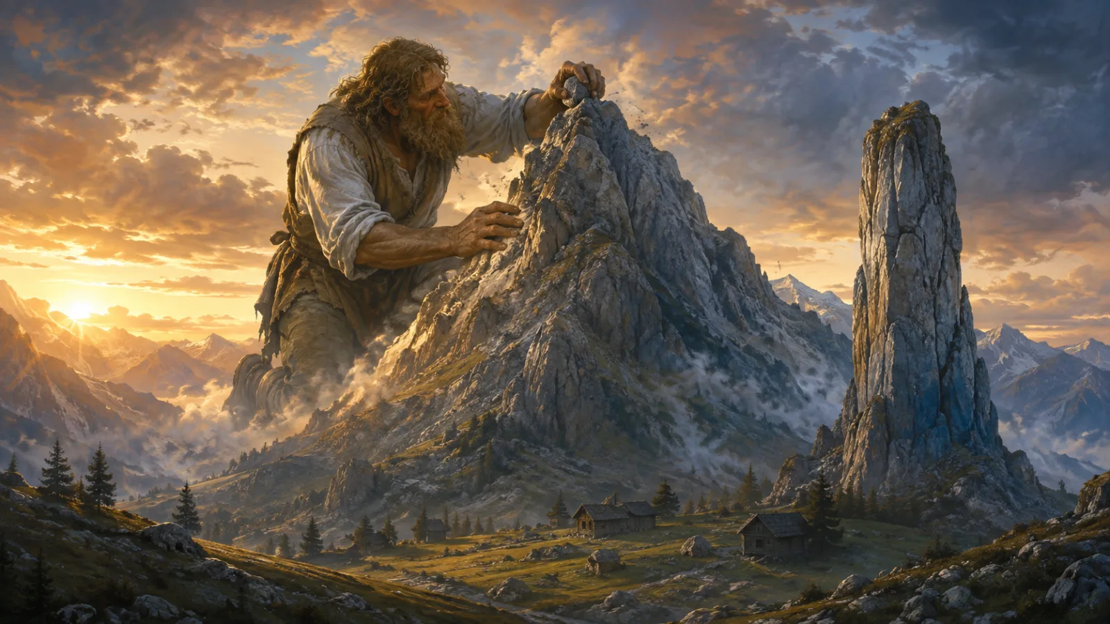 Ein riesiger Mann formt einen Berg neben einer hohen Felssäule.