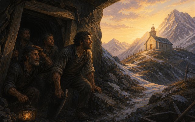 Verschüttete Knappen blicken aus dem Stollen zu einer Kapelle