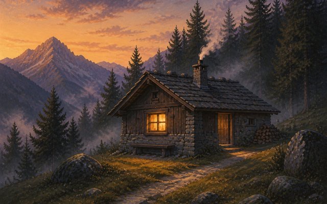 Kleine Hütte am Waldweg mit warmem Fensterlicht