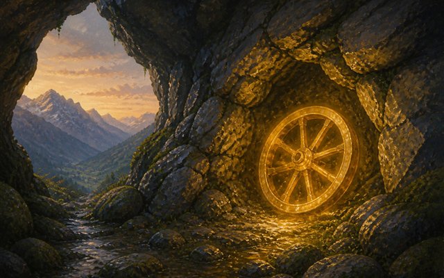 Goldenes Rad leuchtet in einer Felsgrotte