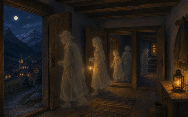 Schemenhafte Gestalten ziehen nachts durch ein altes Haus