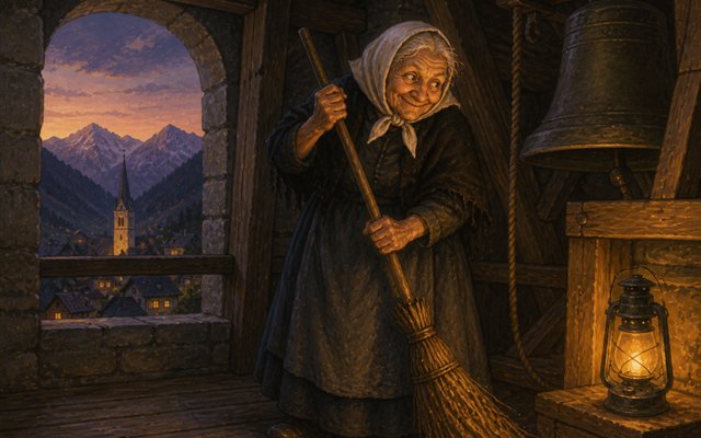 Alte Frau mit weißem Kopftuch und Besen im Kirchturm