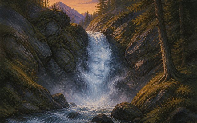 Wasserfall im Felstobel mit Gesicht aus Sprühnebel