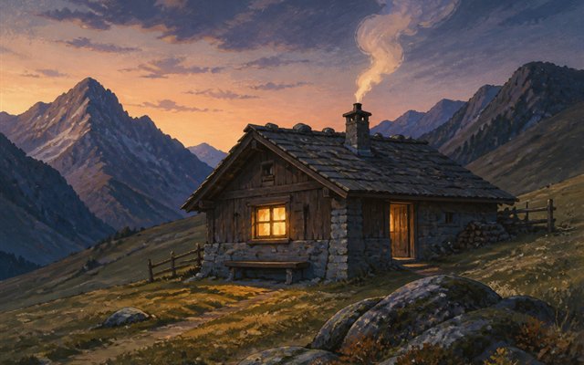Verlassene Alphütte mit Rauch im Abendlicht