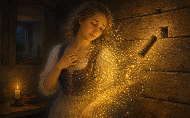 Frauengestalt löst sich in goldenem Licht neben einem Astloch auf