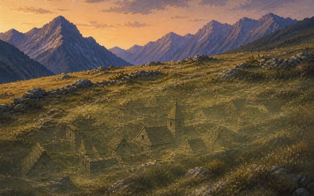 Eine versunkene Stadt schimmert unter einer Bergwiese