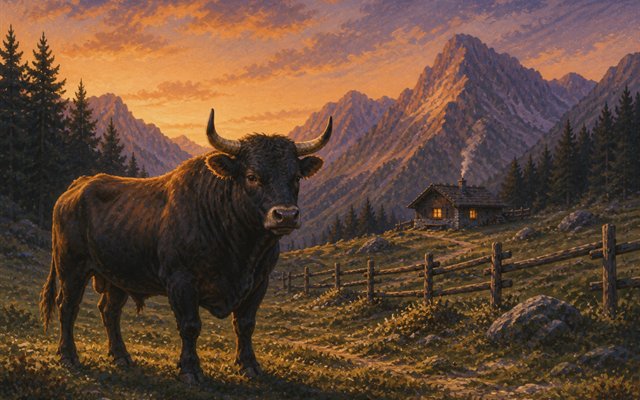 Dunkler Stier auf einer Alpweide im Abendlicht