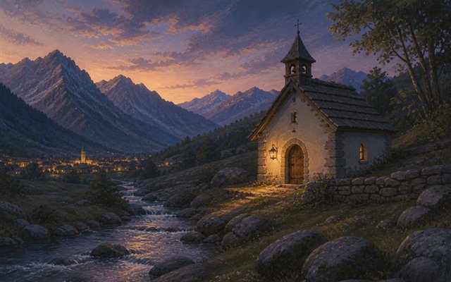 Kleine Kapelle am Bach mit Bergen im Abendlicht