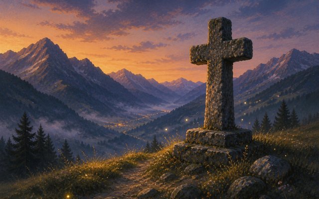 Altes Steinkreuz am Bergweg im Abendlicht
